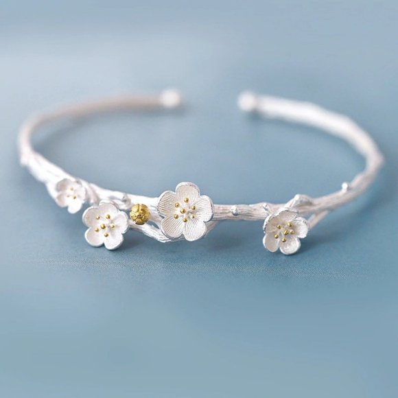 NEW 925 Sterling Silver Flower Cuff Bangle - Picture 1 of 5